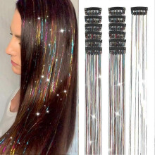 (Rainbow) Ubeleco Black Hair Tinsel 12Pcs Clip in Hair Accessories 20.5 Inch Fairy Hair