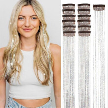 (Silver) Ubeleco Black Hair Tinsel 12Pcs Clip in Hair Accessories 20.5 Inch Fairy Hair
