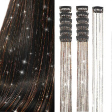 (Champagne) Ubeleco Black Hair Tinsel 12Pcs Clip in Hair Accessories 20.5 Inch Fairy Hair