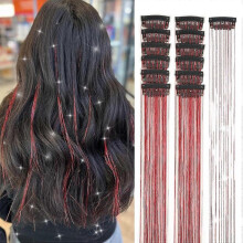 (Red) Ubeleco Black Hair Tinsel 12Pcs Clip in Hair Accessories 20.5 Inch Fairy Hair