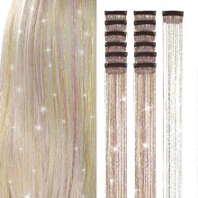 (Gold Pink) Ubeleco Black Hair Tinsel 12Pcs Clip in Hair Accessories 20.5 Inch Fairy Hair