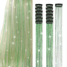 (green) Ubeleco Black Hair Tinsel 12Pcs Clip in Hair Accessories 20.5 Inch Fairy Hair