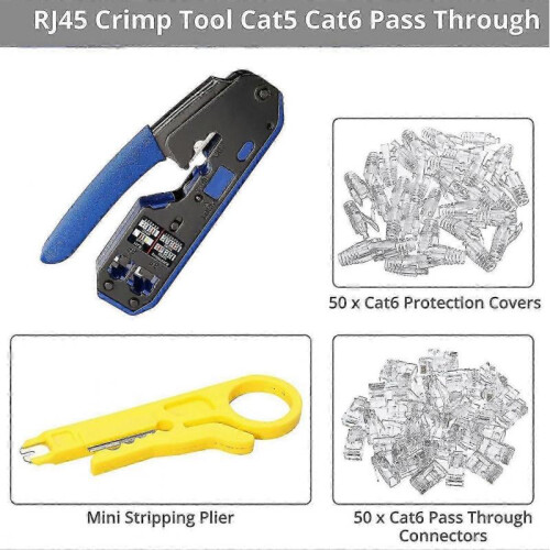 Rj45 Crimp Tool Set All-in- Stripper with 50 Pc Cat6 Pass Through Connectors 50 2