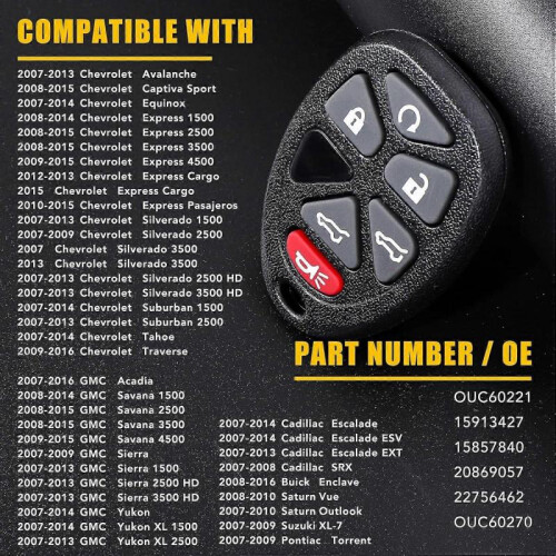 Key Fob Replacement Fits for 2007 2008 2009 2010 2011 2012 2013 2014 Chevy 2