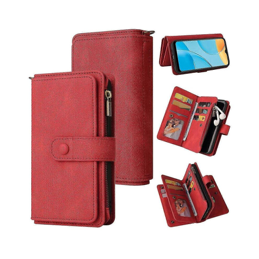 (Red)Compatible With OPPO A15/A15S PU Leather Magnetic Closure Fifteen Card Slots Zipper Poket Phone Case