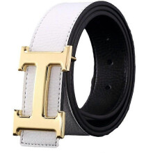 (As show, One size) Genuine Leather Business Belt for Men and Women: Automatic H Gold Buckle with Flat White Style