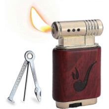 (Red Wood) Pipe Lighter Soft Flame Refillable Butane Lighters Czech Pipe Tools Father Day Husband Gift (Black Nickel)