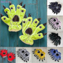 (Blue) Kigurumi Onesies Pajamas Gloves Soft Flannel Glove Paw Dinosaur Bear Finger Claw Fluffy Halloween Party Performance Mitten-r