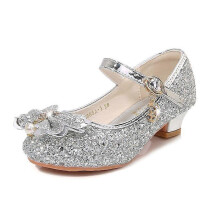 (As show, One size) Girls Silver High Heel Mary Jane Shoes, 17cm, Wedding Party Princess Shoes with Flowers