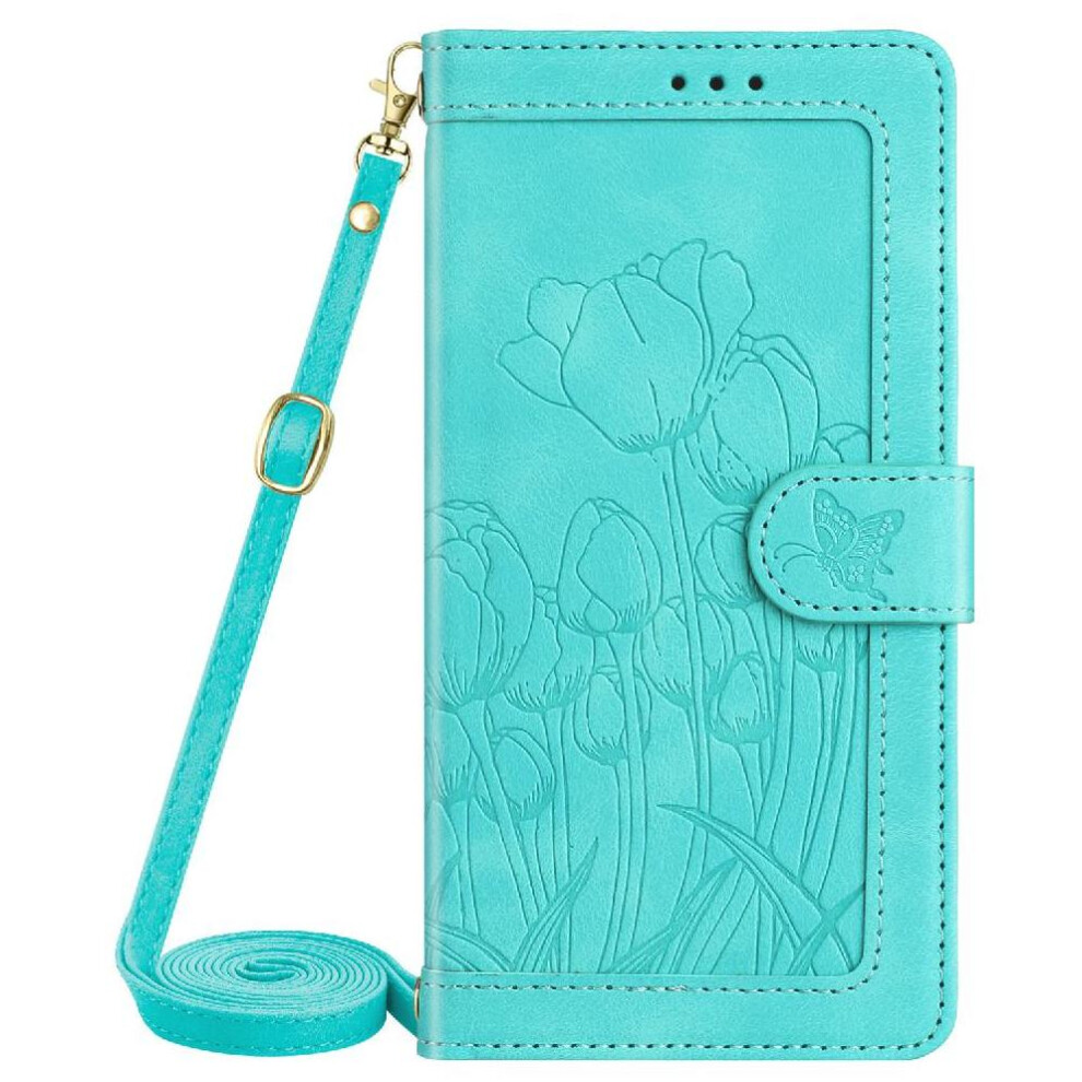 (Green) Fashion Wallet Case For Samsung Galaxy A26 Magnetic Closure Pu Leather Kickstand Tulip Embossed Flip Case Crossbody And Wrist Strap Green 764563579419