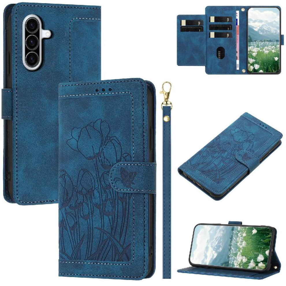 (Blue) Wallet Case For Samsung Galaxy A26 Magnetic Closure Wrist Strap Kickstand Pu Leather Tulip Embossed Flip Case Blue 764563579501