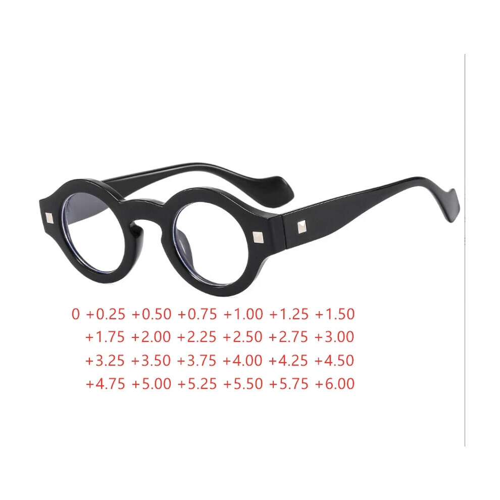 (Black, +0.75 strength) Unisex Retro small round frame clear resin lens reading glasses New