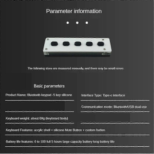 (As show, One size) Silent Silicone Bluetooth Custom Programming Macro Keyboard 5-Keys Macropad Copy Paste USB Keypad 2