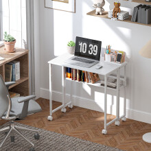 (White) HOMCOM 80 cm Foldable Computer Desk on Wheels for Small Spaces