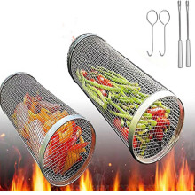 (As show, One size) 2 PCS BBQ Net Tube Rolling Grilling Basket,Barbecue Stainless Steel Wire Mesh Cylinder