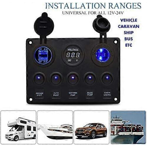 (As show, One size) 5 Gang Rocker Switch Panel Display Dual USB Charger Port DC, Toggle LED Switch Panel Digital Voltmeter 2