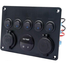 (As show, One size) 5 Gang Rocker Switch Panel Display Dual USB Charger Port DC, Toggle LED Switch Panel Digital Voltmeter