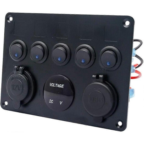 (As show, One size) 5 Gang Rocker Switch Panel Display Dual USB Charger Port DC, Toggle LED Switch Panel Digital Voltmeter