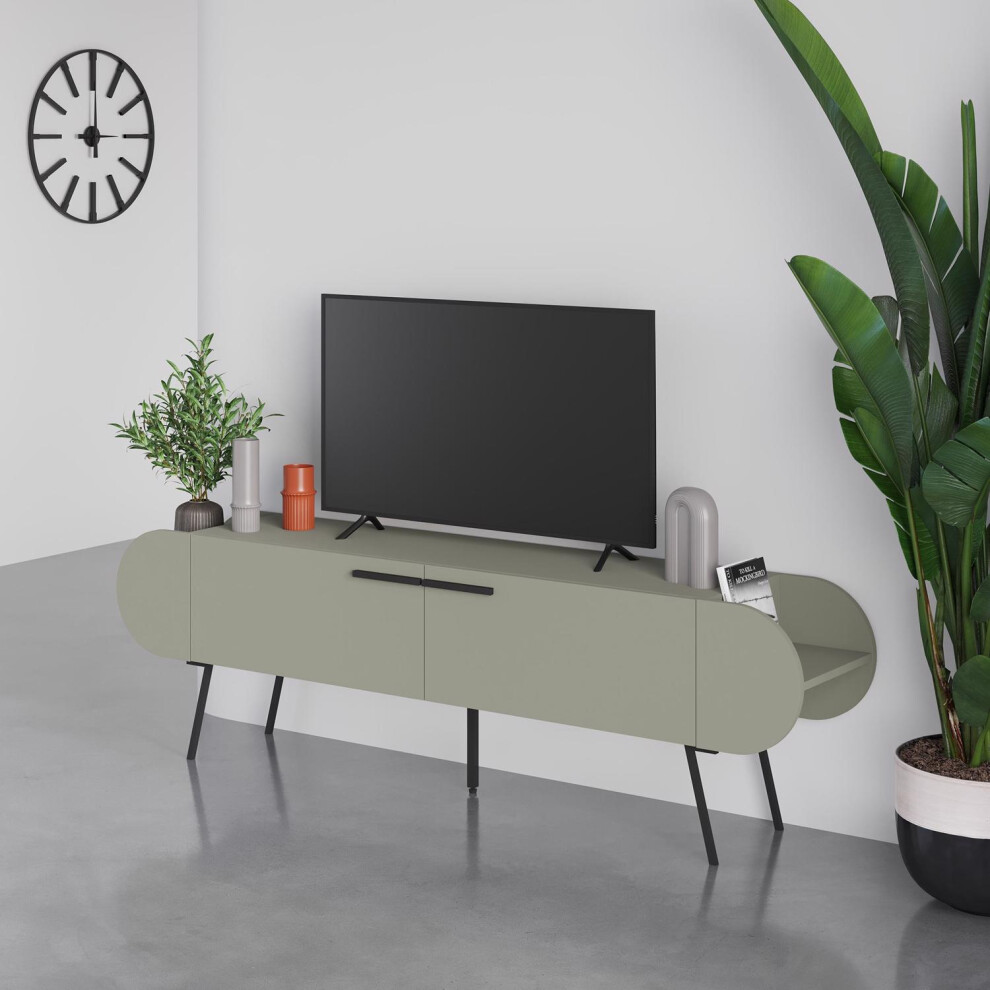 Ash Green TV Stand Hidden Storage Pull Down Doors Metal Legs