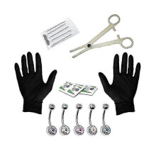 (As show, One size) Piercing Kit-15pcs Professional Body Piercing Kit Surgical Belly Button Ring Set Steel 14g