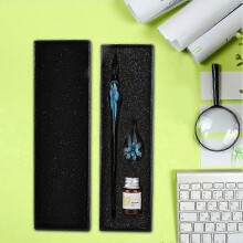 (As show, One size) Retro Crystal Flower Glass Dip Pen Signature Ink Pen Fountain Pen with Ink Penholder Light Blue