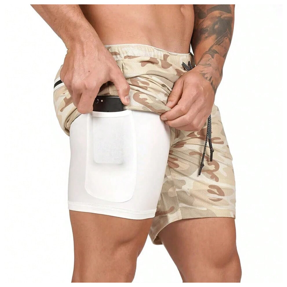 (M(60kg 165cm), Khaki camouflage) 2025 European Men's Sports Summer New Double Layer Mobile Phone Pants Gym Exercise Jogging Training Shorts