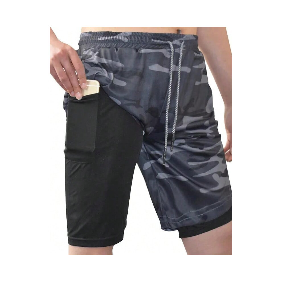 (L(70kg 170cm), Grey camouflage) 2025 European Men's Sports Summer New Double Layer Mobile Phone Pants Gym Exercise Jogging Training Shorts