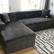 (As show, One size) Sofa Cover Corner Sofa L Shape Stretch Plush Sofa Cover Universal Couch Cover For 1/2/3/4 Seater - 4 Seater, Dark Grey (L Shape Corner Sofa Requires T