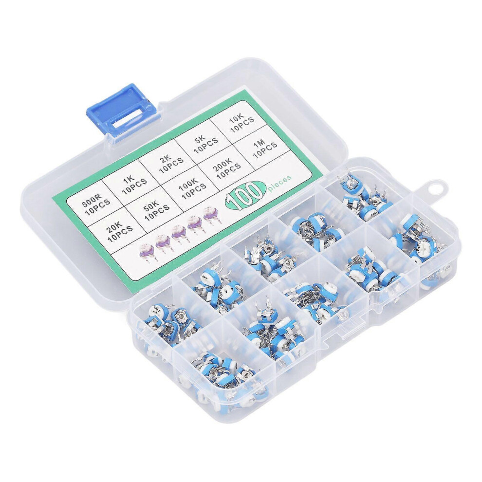 (As Show, One Size) 100 Pcs Variable Resistor 10 Values 500R To 1M Rm065 Blue White Trimmer Potentiometer Assortment Kit 4123173359983