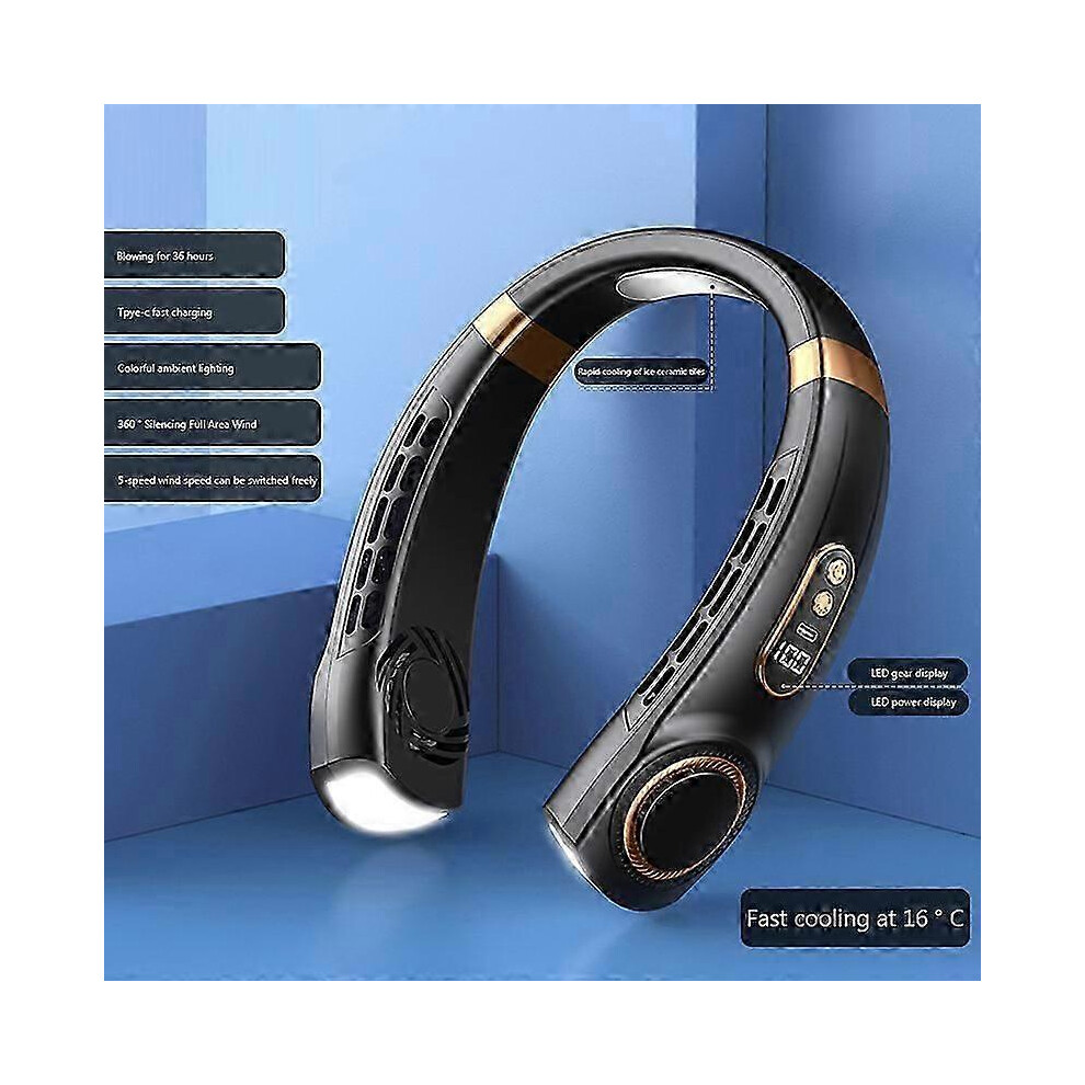 (blue digital display, One size) Portable Mini Hanging Neck Fan Digital Display Leafless Mute Electric Fan 4000mAh USB Rechargeable Neck Cooler Air Co-image-OPC-PHJNYTQ-NEW