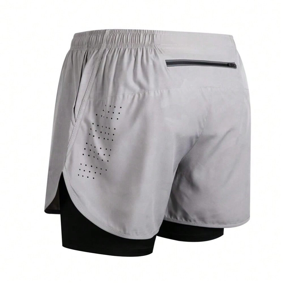 (S, Light grey camo) Summer men's reflective running shorts Fitness quick drying double-layer shorts Men's exercise training bodybuilding shorts