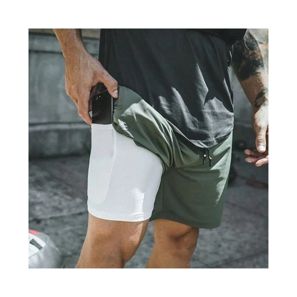 (L, Silver) Running Shorts Men Gym Sports Shorts 2 In 1 Quick Dry Workout Training Gym Fitness Jogging Short Pants Summer Men Shorts