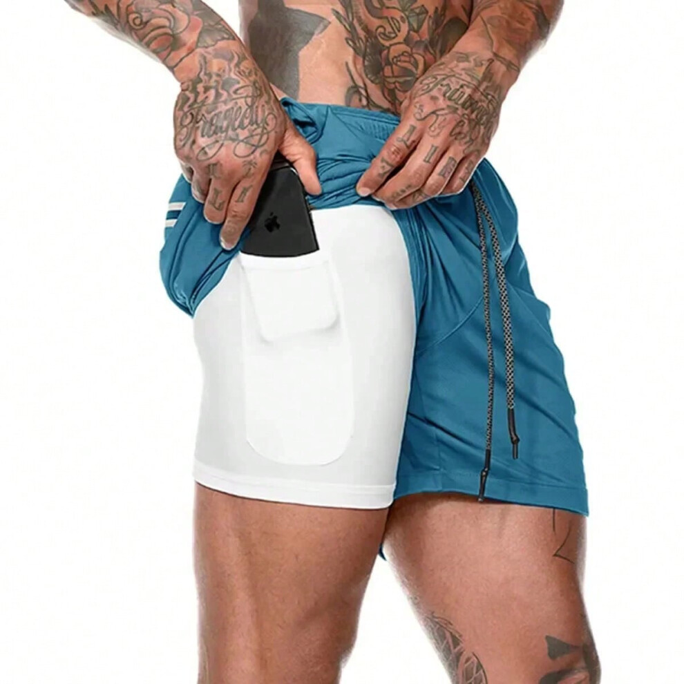 (S, blue) Running Shorts Men Gym Sports Shorts 2 In 1 Quick Dry Workout Training Gym Fitness Jogging Short Pants Summer Men Shorts