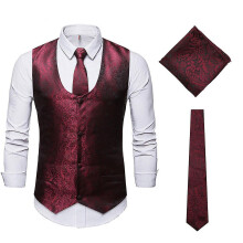 (As show, One size) Men's U-neck Jacquard Waistcoat Three-piece Vest Suit(1 Piece, Red)
