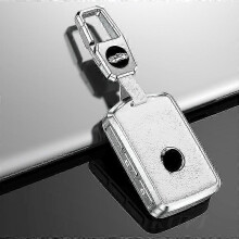 (White with keychain) Metal Leather Car Remote Key Case Cover Shell For Volvo S60 S90 Xc40 Xc60 Xc90 V60 V90 C40 Polestar 1 Polestar 2 Protector Fob