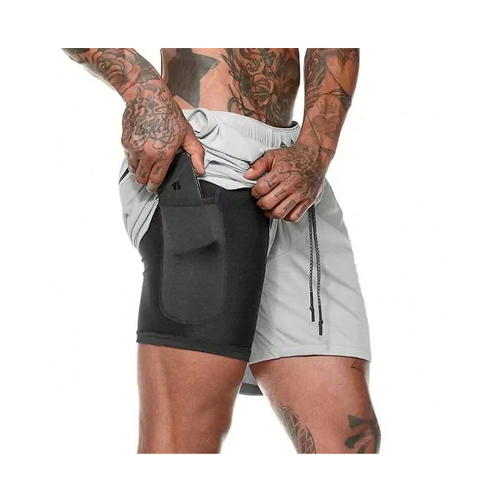 (XL, light gray) Running Shorts Men Gym Sports Shorts 2 In 1 Quick Dry Workout Training Gym Fitness Jogging Short Pants Summer Men Shorts