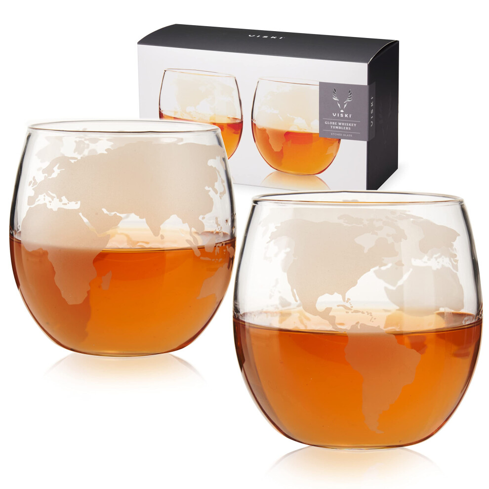 Viski Globe Glass Whiskey Tumblers  Etched Glass Whiskey Enthusiast Gift and Glassware Accessory  10 oz  Set of 2
