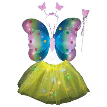 (Yellow) 4Pcs/Set Glowing Rainbow Butterflies Wing 20 LED Headband Wand Tulle Skirt Light Up Children Stage Performance Fairy Wing Party Supplies