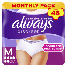 Always Discreet Incontinence Pants Women, Medium, Disposable Underwear Women, UK Size 8-14, White, Absorbency 6, 48 Underwear , Knickers (12 x 4 Pack