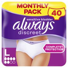Always Discreet Incontinence Pants Women Large, UK Size 16-22, White, Absorbency 5, 40 Disposable Underwear , Knickers (10 x 4 Packs), Heavy Bladder