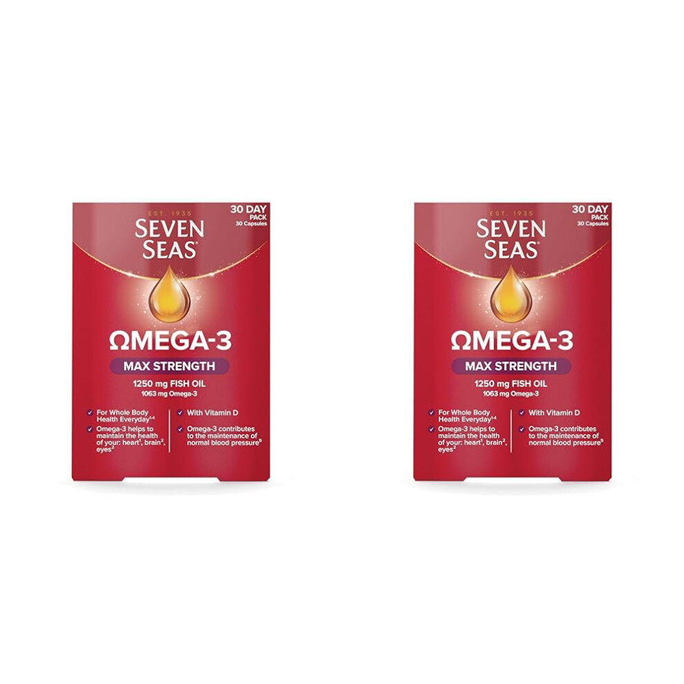 Seven Seas Omega-3 Fish Oil, Max Strength, Omega 3 + Vitamin D for Whole Body Health+, 30 Capsules (Pack of 2)