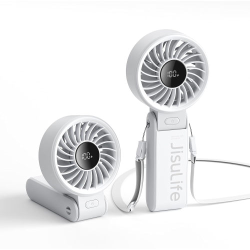 Handheld fan LED display 5000 mAh rechargeable 5 speeds foldable 3 in 1(White)