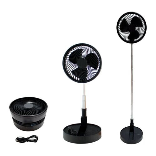 (Black) Cordless Fan Telescopic Folding Cooling Wireless Portable Rechargeable