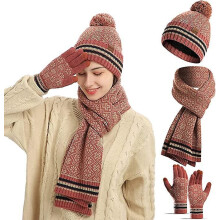 3 in 1 Damen Winter Set Mütze Schal Handschuhe Warmer Schal Rostrot