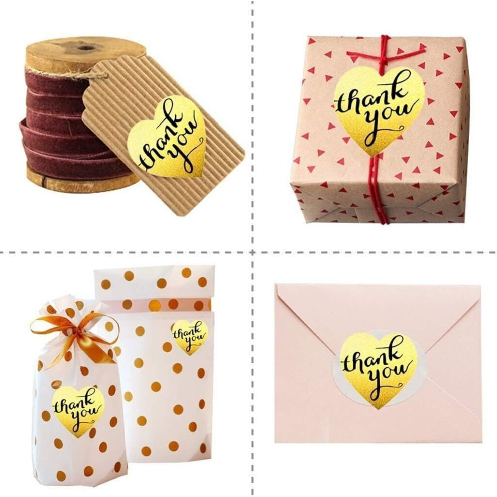500 stuks bedankstickers op rol, hartvormige zelfklevende etiketten, gouden folie-inpakpapieretiketten,