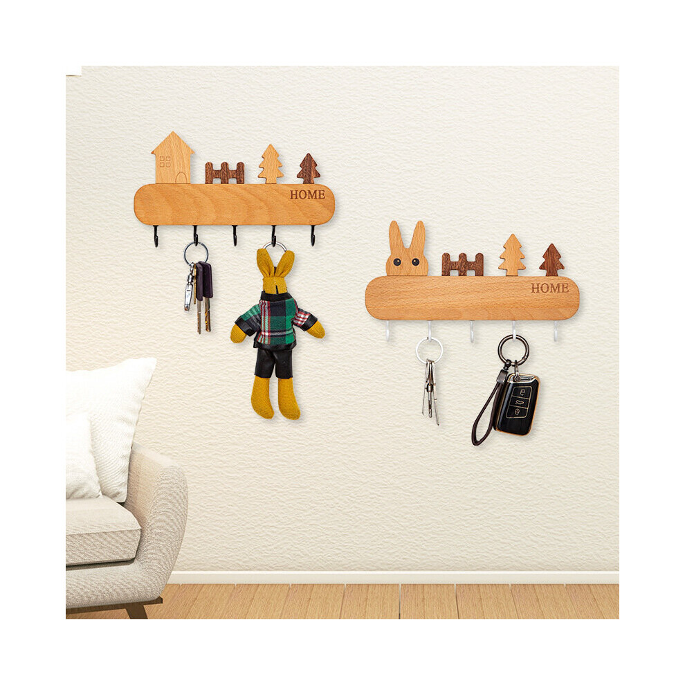 Houten wandhanger - 4 haken - Muur / Deur - Kinderkamer / Keuken / Kleedkamer - Naturel / Grijs