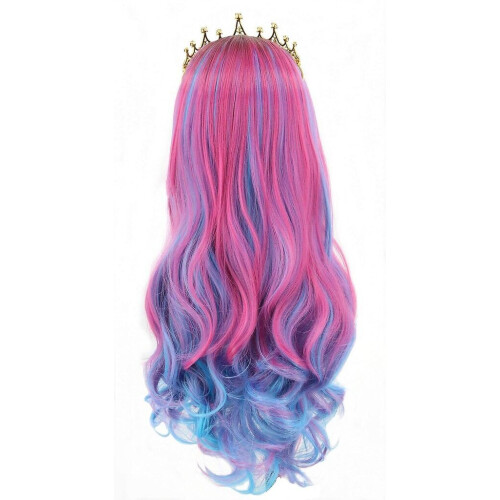 Parrucca e corona Wekity Audrey per bambine, lunga e ondulata, rosa e blu