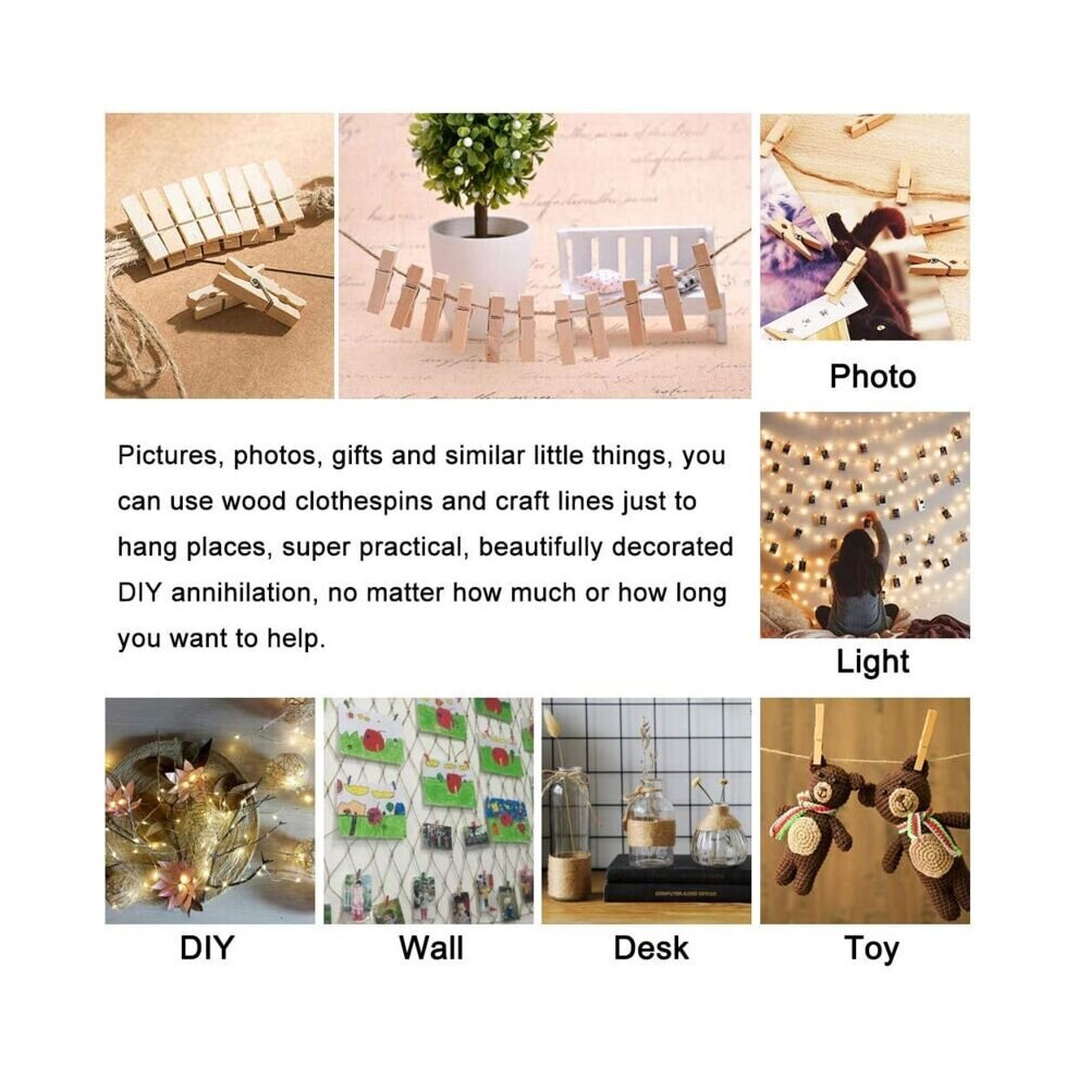 200M natuurlijk jute touw + 200 stuks houten fotoknijpers, mini houten wasknijpers, wasknijpers en knutselspelden