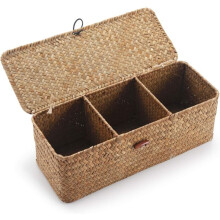 Aufbewahrungskorb aus Seegras mit Deckel, rechteckige Weidenbox mit Fächern für Toilettenpapier, Snacks