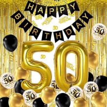 Decorazione di compleanno in oro nero per 50 anni, striscione di buon compleanno, palloncino di elio